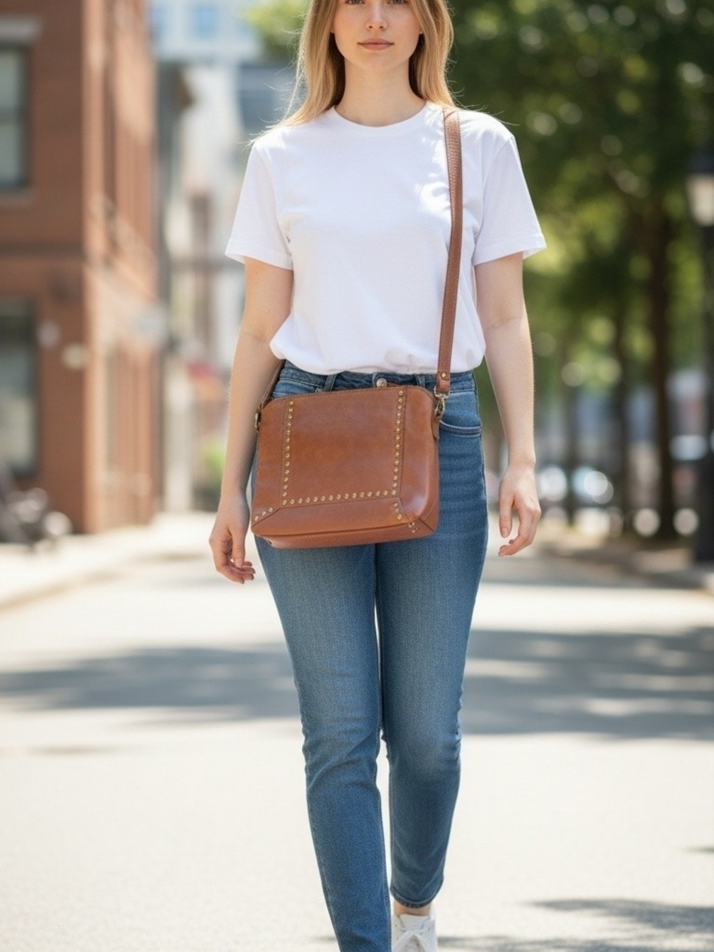 Classic Valenca Tan Studded Leather Crossbody Bag